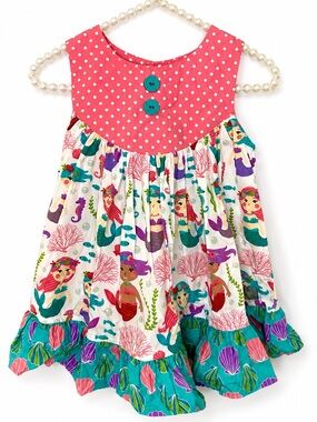 NWOT Eleanor Rose Girls Pink Polka Dot & Mermaid Print Dress with Shell Bow